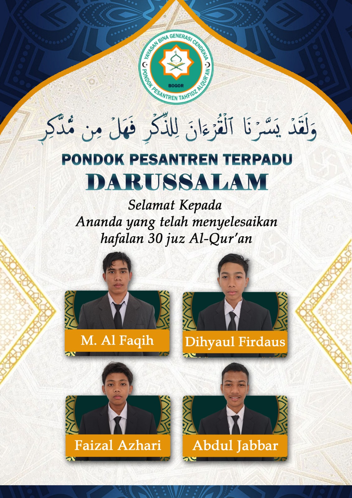 SANTRI-SANTRI TERBAIK YANG TELAH MENYELESAIKAN HAFALANNYA PESANTREN TERPADU DARUSSALAM